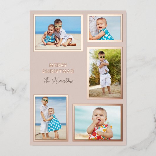 Traditionele multifoto Blush roze en Roos Gold Folie Feestdagenkaart (Voorkant)