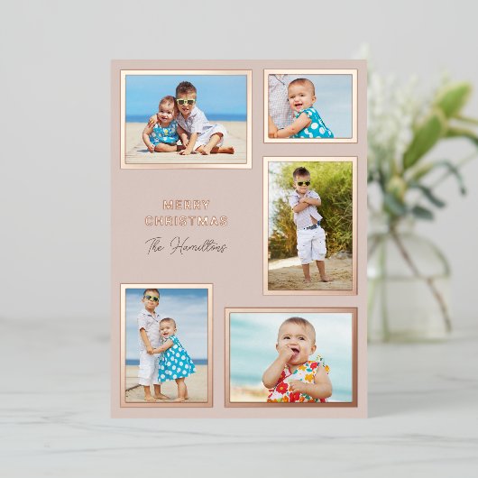 Traditionele multifoto Blush roze en Roos Gold Folie Feestdagenkaart (Staand Voorkant)