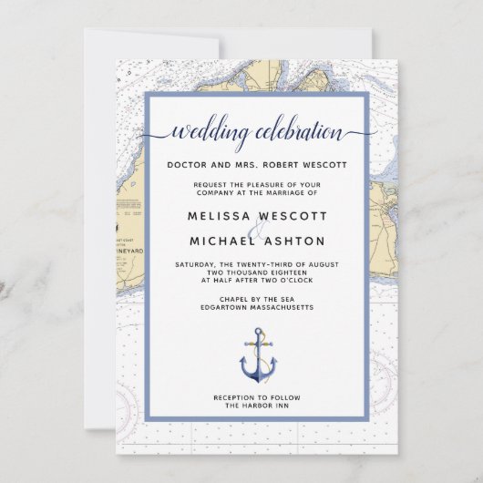 Traditionele Nautische Martha's Vineyard Bruiloft Kaart (Voorkant)