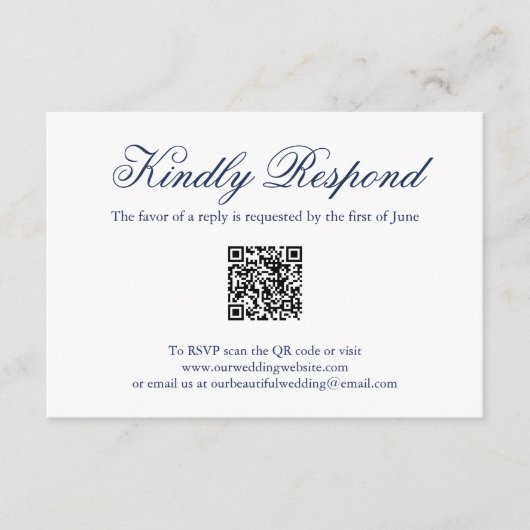 Traditionele Navy-blauwe formele QR-code-huwelijk RSVP Kaartje (Voorkant)
