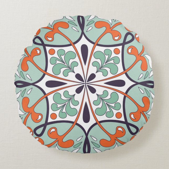 Traditionele oosterse bloementornament, Marokkaans Rond Kussen (Voorkant)