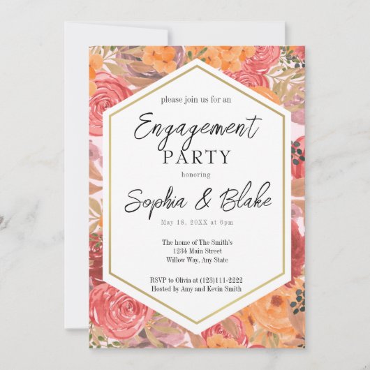 Traditionele Oranje en roze Floral Engagement Part Kaart (Voorkant)