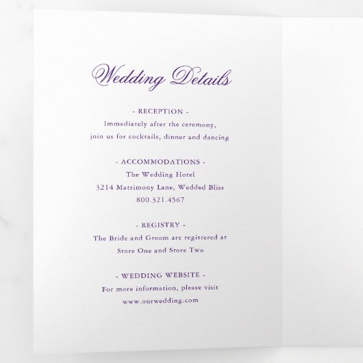 Traditionele Paarse formele elegante bruiloft Drieluik Uitnodiging (Binnenzijde eerst)