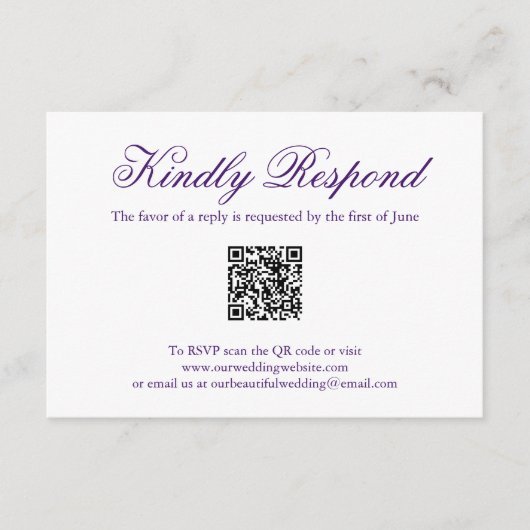 Traditionele Paarse QR-code Elegante bruiloft RSVP Kaartje (Voorkant)