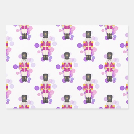 Traditionele Paarse & Roze Kerst Notenkraker Inpakpapier Vel (Voorkant 3)