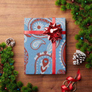 Traditionele Paisley Linocut rood wit blauw Cadeaupapier