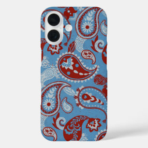 Traditionele Paisley Linocut rood wit blauw iPhone 16 Hoesje