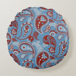 Traditionele Paisley Linocut rood wit blauw Rond Kussen