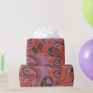 Traditionele Paisley Linocut Vivid Oranje Paarse Cadeaupapier