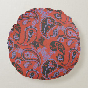 Traditionele Paisley Linocut Vivid Oranje Paarse Rond Kussen