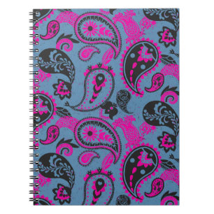 Traditionele Paisley Linocut Vivid Pink Dusky Blue Notitieboek
