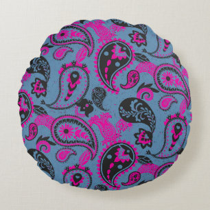 Traditionele Paisley Linocut Vivid Pink Dusky Blue Rond Kussen