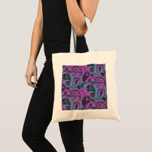 Traditionele Paisley Linocut Vivid Pink Dusky Blue Tote Bag