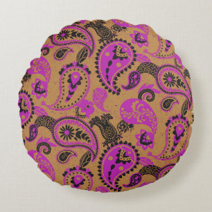Traditionele Paisley Linocut Vivid Roze Mosterd Rond Kussen