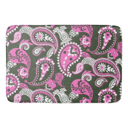 Traditionele Paisley Linocut Warm Pink Deep Green Badmat (Voorkant)