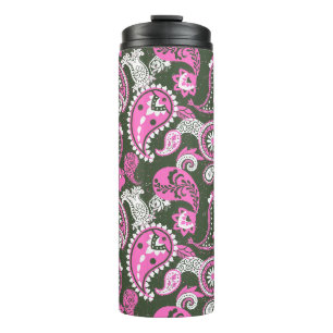 Traditionele Paisley Linocut Warm Pink Deep Green Thermosbeker