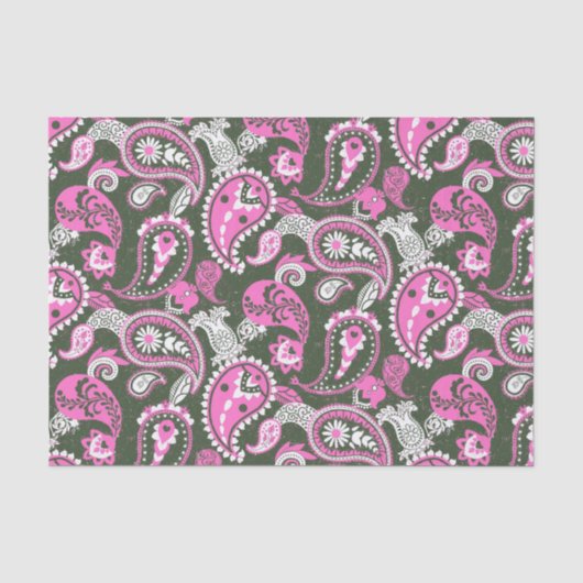 Traditionele Paisley Linocut Warm Pink Deep Green Tissuepapier (Voorkant)