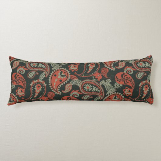 Traditionele Paisley Linocut Warm Sinaasappel Mint Lichaamskussen (Voorkant)