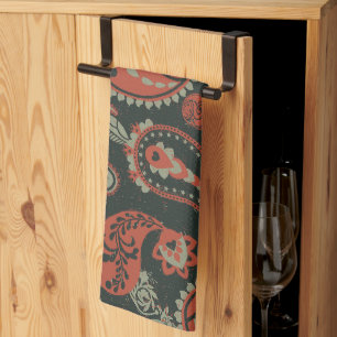 Traditionele Paisley Linocut Warm Sinaasappel Mint Theedoek