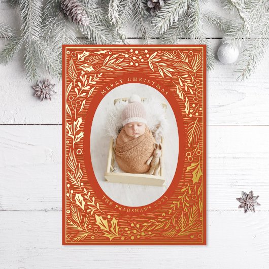 Traditionele Pine en Holly Folie Feestdagenkaart