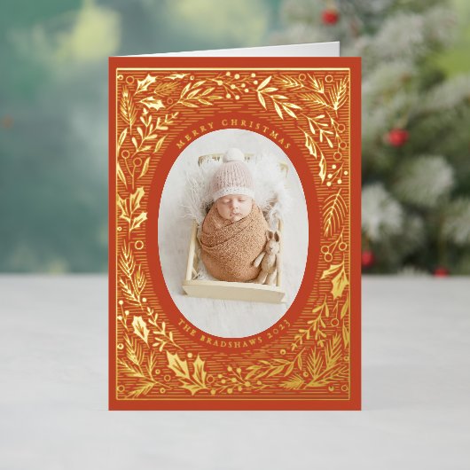 Traditionele Pine en Holly Foto Folie Feestdagenkaart (Feestdagen Insitu)