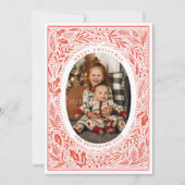 Traditionele Pine en Holly Linocut Stijl Foto Feestdagenkaart (Voorkant)