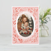 Traditionele Pine en Holly Linocut Stijl Foto Feestdagenkaart (Staand voorkant)