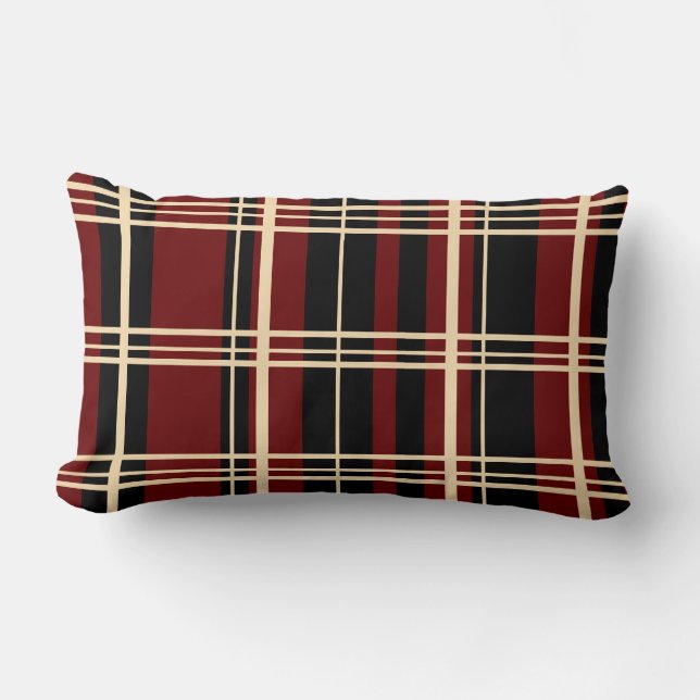 Traditionele Plaid Zwart, Boter Crème, Donkerrood Kussen (Voorkant)