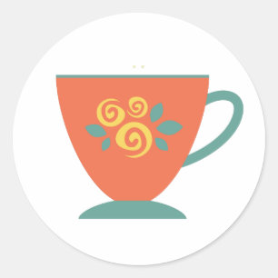 Traditionele porseleinen theekop in sinaasappel en ronde sticker