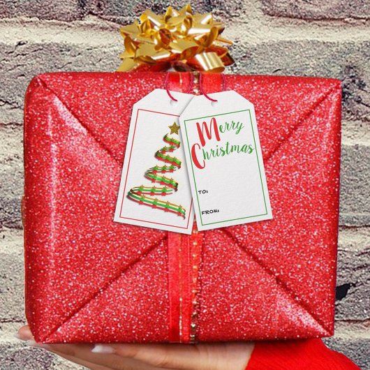 Traditionele Red Green Ribbon-kerstboom Cadeaulabel