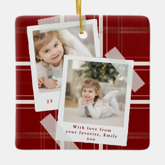 Traditionele Red Plaid 2 foto Keepsake Kerstmis Keramisch Ornament (Voorkant)