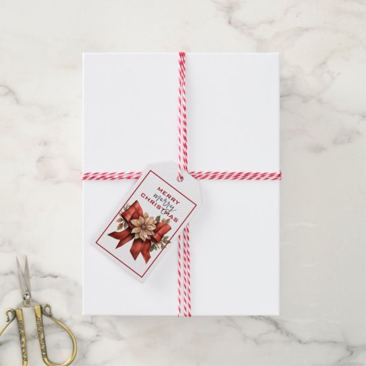 TRADITIONELE RODE BOOG MET BLOEM KERSTMIS CADEAULABEL (Met Touw)