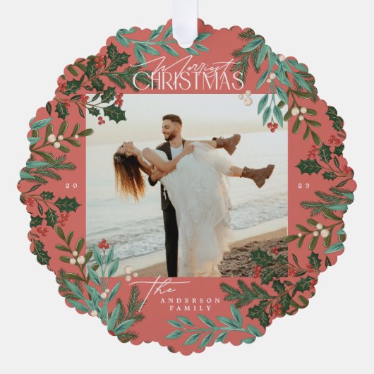 Traditionele rode botanische kerst foto ornament kaart (Voorkant)