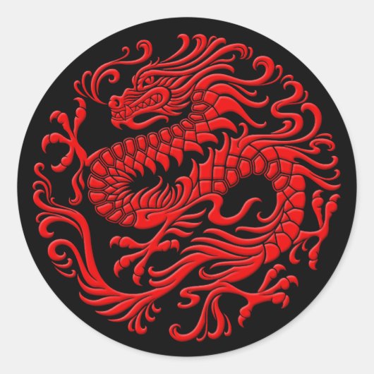 Traditionele Rode en Zwarte Chinese Drakencirkel Ronde Sticker (Voorkant)