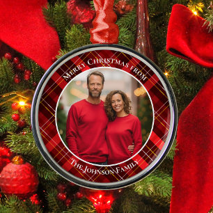 Traditionele rode geruite tartan foto kerst metalen ornament