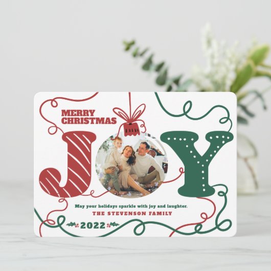 Traditionele rode groene Joy foto Kerstmis Feestdagenkaart (Staand voorkant)