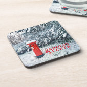 Traditionele rode postbus en sneeuw op bomen bier onderzetter (Linkerzijde)