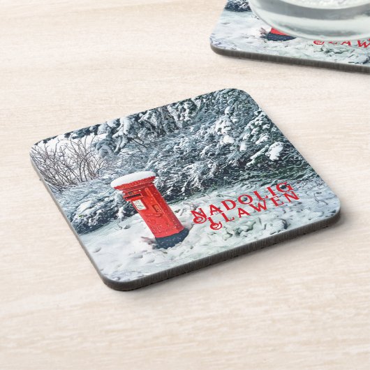 Traditionele rode postbus en sneeuw op bomen bier onderzetter (Linkerzijde)