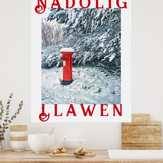 Traditionele rode postbus en sneeuw op bomen poster (Keuken)