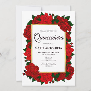 Traditionele Rode Rozen Gold Foto Quinceañera Uitn Kaart