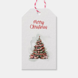 Traditionele rode witte Waterverf kerstboom Cadeaulabel