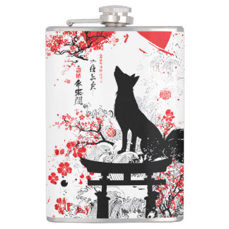 Traditionele Rode Zwarte Japanse Kitsune Vos met M Heupfles