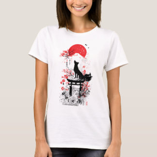 Traditionele Rode Zwarte Japanse Kitsune Vos met M T-shirt