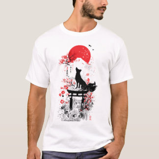 Traditionele Rode Zwarte Japanse Kitsune Vos met M T-shirt