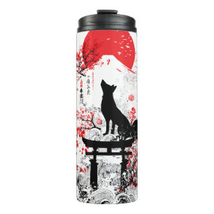 Traditionele Rode Zwarte Japanse Kitsune Vos met M Thermosbeker