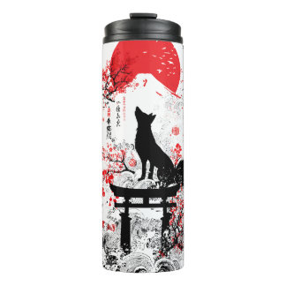 Traditionele Rode Zwarte Japanse Kitsune Vos met M Thermosbeker