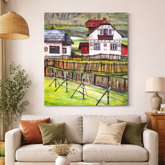 Traditionele Roemeense dorpshandgeschilderde wandk Canvas Afdruk