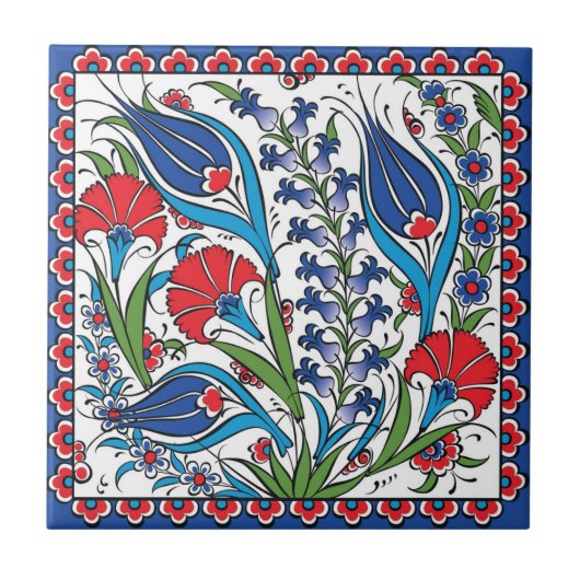 Traditionele rood blauwe bloem Turkse Ottomaanse I Tegeltje (Voorkant)