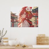 Traditionele roodharige anime meisje bij tempel poster (Keuken)