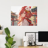 Traditionele roodharige anime meisje bij tempel poster (Thuiskantoor)